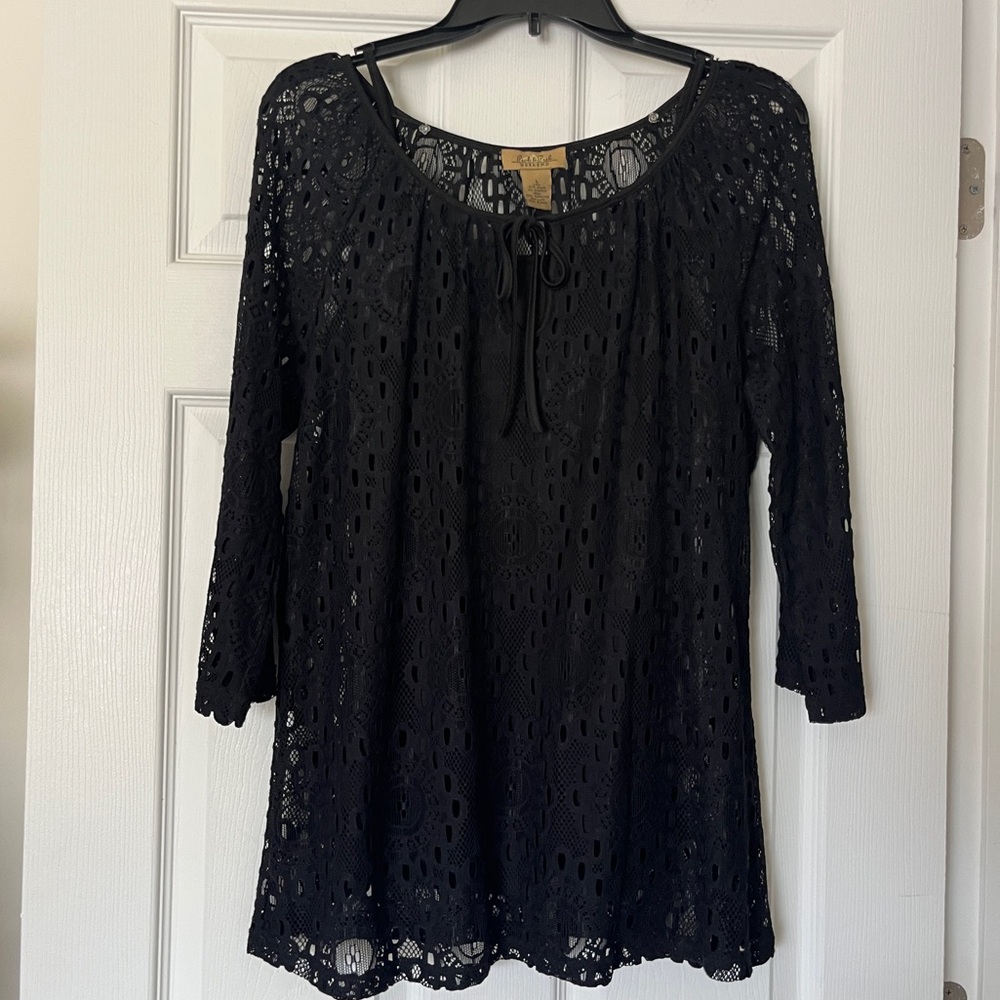 Peck & Peck Weekend Black Lace Tunic Top w/ Detachable Tank Size L Y2K Boho